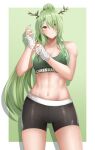  1girl abs antlers bike_shorts black_shorts border ceres_fauna clothes_writing commentary cowboy_shot drop_shadow eyelashes green_background green_hair green_sports_bra hair_over_one_eye highres hololive hololive_english horns leaf long_hair mole mole_under_eye more_muscular_than_canon muscular muscular_female navel ponytail popcornflakes shorts sidelocks simple_background solo sports_bra stomach sweat very_long_hair virtual_youtuber white_border yellow_eyes 