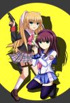  2girls angel_beats! black_jacket black_shoes black_thighhighs blonde_hair blue_eyes blue_sailor_collar blue_skirt blunt_bangs blush bow bowtie brown_shoes closed_mouth commentary company_connection crossover drop_shadow emblem eyes_visible_through_hair fighting_stance full_body green_bow green_eyes grey_skirt gun hair_between_eyes hair_bow hair_ribbon hairband handgun hands_up holding holding_gun holding_weapon jacket key_(company) kneehighs kneeling lelie_(lelie_link) little_busters! little_busters!_school_uniform loafers long_hair long_sleeves looking_at_viewer medium_hair miniskirt multiple_girls nakamura_yuri neckerchief open_mouth pink_bow pink_bowtie pink_neckerchief plaid_clothes plaid_skirt pleated_skirt purple_hair purple_hairband ribbon sailor_collar sailor_shirt sakurai_harumi school_uniform shinda_sekai_sensen_uniform shirt shoes sidelocks simple_background skirt smile socks standing thigh_strap thighhighs tokido_saya two_side_up very_long_hair voice_actor_connection weapon white_ribbon white_shirt white_socks yellow_background zettai_ryouiki 