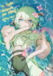  1girl absurdres afloat ahoge animal_ears antlers blue_eyes borrowed_character bracelet closed_mouth commission crop_top crossed_bangs finger_frame flower green_hair green_nails green_shorts hair_between_eyes hair_flower hair_ornament highres horns jewelry looking_at_viewer lying on_back original partially_submerged petals pink_flower shirt short_hair shorts skeb_commission smile solo tail tyaui_(xjju4435) water 