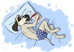 3_toes 4_fingers adriano_berjillos anthro bed bird_dog black_ears bone_pattern_underwear canid canine canis clothing curled_up dog_food dog_treat domestic_dog english_pointer eye_patch_(marking) eyes_closed facial_markings fairy_tales feet fetal_pose fingers fur furniture grey_body grey_fur head_markings head_tuft hunting_dog los_trotamusicos lupo_(los_trotamusicos) male mammal markings patch_(marking) pet_food pillow sleeping solo tired toes town_musicians_of_bremen tuft underwear whiskers white_body white_fur