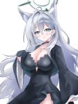  1girl :o absurdres ahoge animal_ear_fluff animal_ears black_choker black_dress black_gloves black_halo blue_archive blue_eyes blush breasts bright_pupils chinese_commentary choker cleavage commentary_request cowboy_shot cross_hair_ornament double-parted_bangs dress extra_ears floating_hair frilled_sleeves frills gloves grey_hair hair_behind_ear hair_between_eyes hair_intakes hair_ornament halo hand_up highres huge_ahoge large_breasts long_hair long_sleeves looking_at_viewer mismatched_pupils open_mouth shiroko_terror_(blue_archive) simple_background solo tsurime very_long_hair white_background white_pupils wide_sleeves wolf_ears wolf_girl yang_any_mao 