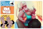 5_fingers anthro apron belly big_belly big_breasts bikini blush bodily_fluids breasts cleavage clothed clothing comic duo english_text female fingers fur grey_body grey_fur grey_hair hair huge_breasts inside lactating lactating_through_clothing leaning leaning_forward leggings legwear long_hair mammal milk murid murine pepper_ackerman ponytail pregnant pregnant_female rat ritts rodent scissors standing swimwear tail text thick_thighs topwear two-piece_swimsuit wet wet_clothing