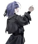  1girl 9boksen black_dress black_hairband black_jacket black_nails blunt_bangs commentary curled_fingers dress from_side grey_hair hair_intakes hairband half_updo hands_up highres jacket looking_up medium_hair open_mouth original simple_background solo turtleneck upper_body white_background 