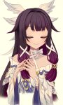  1girl bare_shoulders bow choker closed_eyes closed_mouth columbina_(genshin_impact) commentary crescent cropped_torso dress facing_viewer genshin_impact gold gold_jewelry grey_background hair_ornament head_wings long_hair own_hands_together purple_hair shaku_(syak_18) simple_background smile solo steepled_fingers white_bow white_choker white_dress wings wrist_bow x_hair_ornament 