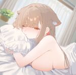  1girl absurdres animal_ear_fluff animal_ears bed_sheet blunt_bangs blush breast_press breasts brown_hair cat_ears closed_mouth commentary_request curtains extra_ears highres hugging_object indoors large_breasts long_hair looking_at_viewer lying mayu_shirasaki multicolored_hair nude on_bed on_stomach one_eye_closed original pillow pillow_hug plant potted_plant red_eyes red_hair solo sorotu under_covers upper_body 