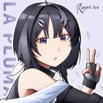  1girl ahoge arknights bare_shoulders black_hair character_name commentary english_commentary fingerless_gloves fingernails gloves grey_background grey_gloves hair_ornament hairclip hand_up highres la_pluma_(arknights) looking_at_viewer off_shoulder parted_lips portrait purple_eyes rayond short_hair solo v 