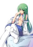  absurdres bad_id bad_pixiv_id blush breasts cleavage covered_nipples detached_sleeves feet foreshortening frog green_eyes green_hair hair_ornament highres kochiya_sanae leg_lift legs light_smile long_hair medium_breasts navel no_bra open_clothes open_shirt pantyhose pov_feet sam_ashton shirt snake solo touhou white_legwear 