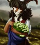 amber_eyes anthro bouquet bovid brown_body brown_fur brown_hair caprine chemise clothing coif drqube female female_anthro flower flower_bouquet flower_field fur goat grass_field hair hi_res horizontal_pupils horn long_hair mammal messy_hair mountain mountainous_horizon multicolored_body multicolored_fur plant pupils renaissance renaissance_clothing smile smiling_at_viewer white_body white_fur 