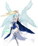  1girl angel armor blue_hair breastplate breasts choukou_(alicesoft) choukou_taisen_escalation_heroines dress elbow_gloves full_body gloves highres holding holding_sword holding_weapon large_breasts leg_up luxseal mature_female multiple_wings official_art onigirikun smile solo sword tachi-e two-tone_cape weapon white_dress wings yellow_eyes yusa_lux 
