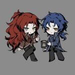  1boy 1girl ascot blue_ascot blue_coat blue_hair chesed_(project_moon) chibi coat commentary_request cup gebura_(project_moon) grey_background grey_vest heterochromia holding holding_cup library_of_ruina long_hair low_ponytail mug open_mouth ponytail project_moon red_ascot red_coat red_hair scar scar_across_eye scar_on_face simple_background very_long_hair vest zomerm 