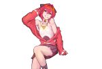  1girl ange_katrina ange_katrina_(summer_casual) arm_support arm_up armpit_crease armpits bare_shoulders belt blush breasts cell_(fu_cell) collared_shirt commentary_request feet_out_of_frame gold_necklace grin hair_between_eyes hair_intakes hand_in_own_hair head_tilt highres invisible_chair jacket jewelry knee_up long_bangs looking_at_viewer medium_hair miniskirt multicolored_eyes necklace nijisanji off_shoulder partially_open_jacket pink_eyes pleated_skirt purple_eyes purple_skirt red_hair red_jacket shirt shirt_tucked_in simple_background sitting skirt sleeveless sleeveless_shirt sleeves_past_wrists small_breasts smile solo two-tone_eyes variant_set virtual_youtuber white_background white_belt white_shirt 