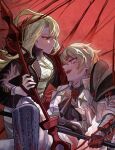  1boy 1girl armor ascot belt black_belt black_neckerchief blonde_hair blood blood_from_eyes blood_in_hair cape coat collared_shirt commentary crazy crazy_smile don_quixote_(project_moon) epaulettes facing_another feather_boa gloves gold_trim hair_between_eyes holding la_manchaland_(identity)_(project_moon) lance lapels limbus_company long_hair medium_hair meng_luoo n_corp._fanatic_(identity)_(project_moon) neckerchief notched_lapels open_mouth pants pauldrons polearm project_moon red_background red_eyes red_feather_boa shirt shoulder_armor simple_background sinclair_(project_moon) single_pauldron single_shoulder_pad smile star_(symbol) teeth upper_teeth_only wax_seal weapon white_cape white_pants white_shirt yellow_eyes 