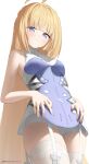  1girl absurdres ahoge bare_shoulders blonde_hair blue_jacket breasts closed_mouth commentary cowboy_shot cryne from_below highres jacket long_hair looking_at_viewer norma_hollowell purple_eyes simple_background sleeveless sleeveless_jacket small_breasts solo thighhighs very_long_hair white_background white_thighhighs zenless_zone_zero 