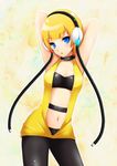  arms_up bad_id bad_pixiv_id belt blonde_hair blue_eyes blush breasts cleavage headphones highres kamitsure_(pokemon) navel nene_(cmnnm) open_mouth pantyhose pokemon pokemon_(game) pokemon_bw short_hair small_breasts solo 