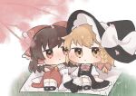  2girls apron ascot black_hat black_skirt black_vest blonde_hair blush bow bowtie braid brown_eyes brown_hair chibi chibi_only collared_shirt commentary_request cup detached_sleeves frilled_bow frilled_hair_tubes frills hair_bow hair_tubes hakurei_reimu hat hat_bow highres holding holding_cup holding_hands kirisame_marisa long_hair multiple_girls outdoors picnic picnic_blanket pink_bow pink_bowtie red_bow red_skirt sakazuki shirt side_braid single_braid sitting skirt skirt_set touhou uzuki_(amayadori) vest waist_apron white_apron white_bow white_shirt witch_hat yellow_ascot yellow_eyes yuri 