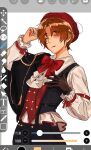  1boy ^_^ ahoge aiguillette alternate_costume arm_belt art_program_in_frame ascot axis_powers_hetalia belt beret black_capelet black_gloves black_pants black_vest blush bow bowtie brown_hair buttons capelet closed_eyes closed_mouth collared_shirt commentary cowboy_shot curtained_hair double-breasted facing_to_the_side fingernails frilled_sleeves frills gloves hand_up hat ibispaint ibispaint_(medium) layered_clothes long_sleeves male_focus northern_italy_(hetalia) pants parted_bangs parted_lips pinstripe_pattern pinstripe_vest raised_eyebrows rayraypw red_belt red_bow red_bowtie red_hat red_ribbon red_trim red_vest ribbon shirt short_hair side_capelet simple_background single_glove sleeve_ribbon smile solo vest waistcoat white_ascot white_background white_shirt 
