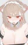  1girl absurdres animal_ear_fluff animal_ears bare_shoulders bell blush braid breasts brown_hair cat_ears cleavage collar collarbone commentary_request embarrassed fang highres jingle_bell large_breasts long_hair looking_at_viewer maid maid_headdress mayu_shirasaki multicolored_hair neck_bell open_mouth original red_eyes red_hair simple_background skin_fang solo sorotu upper_body white_background 
