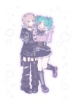  2girls :d ;d arm_warmers black_boots black_bow black_bowtie black_choker black_gloves black_nails black_pants black_shirt black_shoes black_skirt boots bow bowtie brown_hair candy chain chain_around_arm choker closed_mouth commentary_request commission demon_horns drill_hair fake_horns female_producer_(idolmaster) fingerless_gloves fingernails food full_body gloves gothic_punk green_hair hand_on_another's_waist heart holding holding_candy holding_food holding_lollipop holding_phone horns idolmaster idolmaster_million_live! idolmaster_million_live!_theater_days jetori_(tori_j) jirai_kei korean_commentary lace-up_boots leg_up lollipop looking_at_viewer miniskirt multiple_girls nail_polish official_alternate_hairstyle one_eye_closed open_mouth orange_eyes original outline pants phone pink_gloves pink_outline pink_shirt print_shirt producer_(idolmaster) second-party_source shirt shoes short_hair short_sleeves side-by-side skirt smile standing standing_on_one_leg tokugawa_matsuri twin_drills v white_background yellow_eyes yuri 