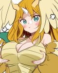  1girl absurdres aqua_eyes blonde_hair blush breasts cafe_berry cleavage commentary_request dragonite grabbing_own_breast head_wings highres horns large_breasts long_hair mega_dragonite meme next_time_you're_getting_this_(meme) personification pink_nails pokemon pout single_horn upper_body wings 