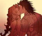  1boy 1girl aerith_gainsborough aerith_gainsborough_(pink_mermaid) bare_shoulders beach bikini bird black_hair braid braided_ponytail brown_hair closed_eyes closed_mouth commentary_request couple cross_scar facing_another final_fantasy final_fantasy_vii final_fantasy_vii:_ever_crisis final_fantasy_vii_rebirth final_fantasy_vii_remake hair_intakes hair_ribbon hand_on_another's_cheek hand_on_another's_face hetero huosheanng kiss long_hair official_alternate_costume outdoors parted_bangs pink_ribbon ponytail print_shirt ribbon scar scar_on_cheek scar_on_face shirt short_sleeves smile sunset swimsuit upper_body zack_fair zack_fair_(surfer_look) 