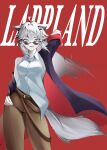 1girl :p absurdres alternate_costume animal_ears arknights bare_shoulders blue_eyes brown_pants buttons casual character_name collared_shirt commentary grey_hair grey_shirt grey_tail hand_on_own_hip highres kai_chun lappland_(arknights) long_hair looking_at_viewer pants red_background shirt simple_background sleeveless sleeveless_shirt solo tail tongue tongue_out unfinished wolf_ears wolf_girl wolf_tail 