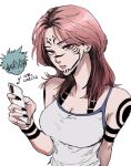  1boy 1girl arm_behind_back arm_tattoo armpit_crease arrow_(symbol) bare_shoulders black_hair black_nails breasts cellphone cheek_tattoo chest_tattoo cleavage closed_mouth collarbone commentary_request cropped_head earrings eyelashes facial_tattoo forehead_tattoo genderswap genderswap_(mtf) hair_between_eyes hand_up holding holding_phone itadori_yuji jewelry jujutsu_kaisen large_breasts lips long_hair looking_at_viewer mesuki_peropero multicolored_hair nail_polish nose parted_lips phone pink_hair red_eyes ryoumen_sukuna_(jujutsu_kaisen) short_hair shoulder_tattoo simple_background smartphone solo_focus spiked_hair stud_earrings tank_top tattoo translation_request two-tone_hair upper_body white_background white_tank_top wrist_tattoo 