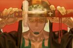  1boy chest_tattoo commentary_request earrings facial_hair goatee hat highres holding holding_sword holding_weapon hood hooded_coat jewelry looking_at_viewer male_focus one_piece red_background sheath shiraumi8351 sideburns simple_background solo sword tattoo trafalgar_law unsheathing weapon 