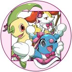  1other bayleef blue_eyes bow braixen brionne clothed_pokemon commentary_request dress fang furry happy highres holding kashiwa_(3920kashiwa) looking_at_viewer one_eye_closed open_mouth orange_eyes pokemon pokemon_(creature) pokemon_focus red_eyes skirt smile stick tank_top 