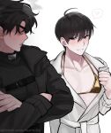  2boys bikini black_coat black_hair coat commentary crossdressing crossdressing_(mtf) crossed_arms english_commentary gold_bikini golden_week highres kim_dokja looking_at_another male_focus multiple_boys omniscient_reader's_viewpoint open_clothes open_coat pectoral_cleavage pectorals popped_collar robe short_hair swimsuit taotaille upper_body white_robe yaoi yoo_joonghyuk 