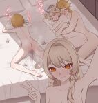  1boy 3girls aether_(genshin_impact) after_female_ejaculation ahoge alice_(genshin_impact) arm_up blue_eyes breasts censored closed_eyes commentary cuddling face_down flower genshin_impact hair_ornament hat hetero highres implied_incest kn53 long_hair lumine_(genshin_impact) mosaic_censoring multiple_girls nicole_reeyn nude open_mouth orange_hair pussy sweat symbol-shaped_pupils used_tissue v 