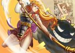  1girl absurdres armor armpit_crease back_bow bangle bare_legs bare_shoulders bow bracelet clima-tact closed_mouth cloud earrings eezee_dee electricity english_commentary fighting_stance floating_hair foot_out_of_frame gradient_background grin hair_ornament hat highres holding holding_staff japanese_armor japanese_clothes jewelry kimono lightning_bolt_symbol log_pose long_hair looking_to_the_side mini_hat nami_(one_piece) official_alternate_costume one_piece orange_background orange_eyes orange_hair pearl_earrings pink_bow red_kimono short_kimono shoulder_tattoo sleeveless sleeveless_kimono smile staff tattoo wanted_poster yellow_background zeus_(one_piece) 