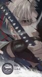  1boy black_gloves character_name commentary copyright_name earrings fingerless_gloves glasses gloves holding holding_sword holding_weapon jewelry kayomire long_sleeves male_focus orange_eyes sanchoumou short_hair solo stud_earrings sword touken_ranbu upper_body watermark weapon white_hair 