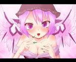  animal_ears ayagi_daifuku bad_id bad_pixiv_id bare_shoulders blush breasts cleavage fang fingernails green_nails hat large_breasts letterboxed long_fingernails mystia_lorelei nail_polish open_mouth pink_hair purple_eyes short_hair solo touhou wings 