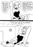 2023 anthro bell bell_collar black_and_white bovid breasts caprine cleavage clothed clothed_female clothing collar comic computer curved_horn electronics english_text female fingers fur hi_res hooved_fingers hooves horn lana_lynne laptop mammal monochrome sheep sitting solo tegerio text wool_(fur)