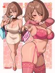  1girl absurdres bag bare_shoulders black_choker blue_eyes blush bra breasts brown_hair choker cleavage closed_eyes closed_mouth collarbone commentary dress earrings elbow_gloves english_commentary evalynn_(sarukaiwolf) garter_straps gloves grin heart high_heels highres holding jewelry lace-trimmed_bra lace-trimmed_thighhighs lace_trim large_breasts medium_hair mole mole_on_breast multiple_views navel necklace open_mouth original panties pink_bra pink_choker pink_garter_straps pink_gloves pink_panties pink_thighhighs sarukaiwolf shopping_bag sleeveless sleeveless_dress smile sparkle stomach teeth thighhighs underwear victoria's_secret white_dress 
