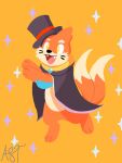  2025 2_tails 3_fingers 3_toes anthro artist_name biped black_cape black_clothing black_nose buizel cape cheek_tuft clothed clothing facial_tuft feet fingers fulgito_ast fur generation_4_pokemon hat headgear headwear hi_res long_tail male multi_tail nintendo open_mouth orange_body orange_fur orange_tail pink_tongue pokemon pokemon_(species) simple_background solo standing tail teeth text toes tongue top_hat tuft yellow_background yellow_eyes 