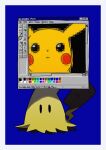  absurdres black_eyes blue_background closed_mouth disguise highres looking_at_viewer mimikyu no_humans pikachu pokemon pokemon_(creature) pokemon_focus saiku_(zvlku) solid_oval_eyes standing window_(computing) 