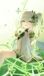  1girl absurdres aki_maple bare_shoulders bracelet commentary cross-shaped_pupils detached_sleeves dress feet_out_of_frame genshin_impact gold_trim green_eyes green_sleeves hair_between_eyes hair_ornament highres jewelry long_hair looking_at_viewer nahida_(genshin_impact) on_swing open_mouth pointy_ears side_ponytail sitting sleeveless sleeveless_dress solo swing symbol-shaped_pupils white_dress white_hair 