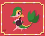  2025 3_fingers anthro artist_name biped border clothed clothing eyelashes female fingers fulgito_ast generation_5_pokemon green_body green_skin green_tail hi_res long_tail looking_at_viewer nintendo pokemon pokemon_(species) purple_eyes red_background simple_background snivy solo standing tail text vinivy_(fulgito) yellow_border 
