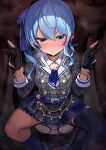  1girl 2boys annoyed blue_eyes blue_hair blue_shoes blush breasts commentary hair_between_eyes highres hololive hoshimachi_suisei hoshimachi_suisei_(1st_costume) jewelry kajimakoto kneehighs looking_at_viewer medium_hair multiple_boys on_toilet shoes single_thighhigh sitting small_breasts socks spread_legs star_(symbol) steaming_body thick_thighs thighhighs thighs untranslatable_commentary v virtual_youtuber 