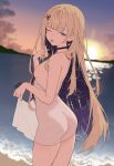  1girl absurdres amanogawa_shiina ass beach black_choker blonde_hair blue_eyes blue_hair breasts choker clothes_pull cloud colored_inner_hair commentary dress dress_pull earrings english_commentary evening from_behind from_side grin highres holding_own_dress jewelry multicolored_hair narrowed_eyes nipples ocean one_eye_closed outdoors phase_connect scissors_hair_ornament see-through_clothes see-through_dress sideboob sky smile solo standing starry_hair sun sundress sunset tongue tongue_out tragicaldrip02 virtual_youtuber water white_dress 