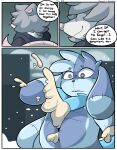 absurd_res american_opossum animate_inanimate anthro bazz_(spicykiwi) blizzard_(weather) blue_body blue_fur clothing comic dialogue edgar_(spicykiwi) fluffy fur hi_res hoodie living_plushie male mammal marsupial multicolored_body plushie shocked smile smiling_at_another solo spicykiwi stiching story stuffing surprised tail topwear wide_eyed winter