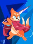 2025 2_tails 3_fingers 3_toes anthro artist_name biped black_nose blue_background blue_eyes buizel cape cheek_tuft clothed clothing eyelashes facial_tuft feet female fingers fulgito_ast fur generation_4_pokemon hi_res holding_melee_weapon holding_object holding_sword holding_weapon hollow_knight_(franchise) hornet_(hollow_knight) long_tail melee_weapon multi_tail nintendo orange_body orange_fur orange_tail pokemon pokemon_(species) red_cape red_clothing simple_background solo standing sword tail team_cherry text toes tuft weapon