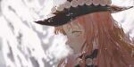  1girl absurdres artist_name backlighting black_hat black_shirt blurry blurry_background blush breath commentary english_commentary freckles from_side hat high_collar highres kamejima_junto long_hair looking_ahead middle_part original outdoors parted_bangs parted_lips pink_eyes pink_hair pink_lips portrait sanpaku shirt sidelocks snowing solo tareme wavy_hair winter witch witch_hat 