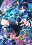  1boy anemo_symbol_(genshin_impact) armor arms_at_sides bag belt black_belt black_bridal_gauntlets black_hair black_kimono black_sandals black_shorts black_sleeves blue_cape blue_eyes blue_gem blue_jingasa blue_sleeves blunt_ends bridal_gauntlets bright_pupils cape clothing_cutout commentary_request doll eyeliner feathers fingernails furisode gem genshin_impact gold grin gurumin_(gurruguru) hakama hakama_shorts hand_up hat japanese_armor japanese_clothes jingasa kariginu kimono knee_up kote kurokote layered_sleeves leg_warmers makeup male_focus open_hands open_mouth pleated_shorts pom_pom_(clothes) purple_bag purple_rope purple_sash red_eyeliner red_hat red_kimono rope sandals sash scaramouche_(genshin_impact) scaramouche_(kabukimono)_(genshin_impact) short_sleeves shorts shoulder_cutout side_cape smile solo stuffed_toy tassel teeth tsurime twitter_username vision_(genshin_impact) vortex wanderer_(genshin_impact) watermark white_kimono white_leg_warmers white_pupils white_sleeves white_trim wind yellow_feathers zouri 