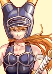  1girl armlet armor belt blue_armor breasts brown_eyes cleavage closed_mouth commentary_request daisy_(dq) dragon_quest dragon_quest_yuusha_abel_densetsu fake_horns helmet highres hirata_(ginko828) horned_helmet horns jewelry long_hair looking_at_viewer orange_hair simple_background smile solo sword weapon white_background 