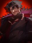  1boy absurdres black_choker black_gloves black_hair black_shirt black_vest blood blood_on_face buttons choker clenched_hand closed_mouth coat collarbone collared_shirt commentary_request diamond_button earrings fingerless_gloves fingernails fur-trimmed_coat fur_trim genshin_impact gloves grey_eyes grey_hair hair_between_eyes hand_up highres jewelry lapels looking_at_viewer male_focus multicolored_hair multiple_rings necktie nosebleed open_clothes open_coat purple_coat purple_necktie rai09_07 red_background ring shadow shirt short_hair simple_background solo spotlight thumbs_up two-tone_hair upper_body vest wriothesley_(genshin_impact) 