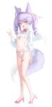  1girl :d absurdres ahoge arm_behind_back bandaid bandaid_on_leg bikini blue_eyes blush bow bowtie breasts commentary cone_hair_bun double_bun english_commentary feathered_wings fox_shadow_puppet frilled_bikini frills front-tie_top full_body hair_bun hair_ornament hand_up heterochromia high_heels highres legs long_hair long_sleeves multicolored_hair navel open_mouth pink_bow pink_bowtie pink_shoes pom_pom_(clothes) pom_pom_hair_ornament purple_hair shoes shrug_(clothing) simple_background small_breasts smile solo standing star_(symbol) star_hair_ornament stellive stomach streaked_hair suisen_(suisenhwa) swimsuit tachi-e tail tenko_shibuki twitter_username two-tone_hair white_background white_bikini white_hair white_shrug white_streaks white_wings wings yellow_eyes 