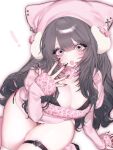  :o aegyo_sal animal_hat animal_print arm_support blue_eyes blunt_bangs blush bra bra_peek breasts brown_hair cat_hat choker commentary cross double-parted_bangs eyelashes fingernails from_above fur_choker gradient_nails ha_10_poppo hair_between_eyes hair_over_shoulder hat hello_kitty hello_kitty_(character) highres juliet_sleeves latin_cross leopard_print long_fingernails long_hair long_sleeves medium_breasts mole mole_under_eye nail_art no_nose original pierced_hat pink_choker pink_hat pink_shirt puffy_sleeves sanrio shirt simple_background sleeves_past_wrists solo thick_thighs thigh_strap thighs underwear untranslatable_commentary white_background 