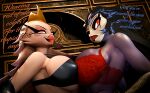 3d_(artwork) anthro avian avian_demon beak big_breasts bikini bird blue_body breast_squish breasts breasts_frottage clothed clothing crown demon digital_media_(artwork) duo eyelashes eyeshadow feathers female female/female furniture goetia headgear hellaverse helluva_boss hi_res inside leafytheleafer light lingerie lipstick makeup multi_eye mythological_creature mythology open_beak open_mouth owl owl_demon red_sclera smile smiling_at_another smug smug_grin squish stella_(helluva_boss) stolas_(helluva_boss) swimwear text topwear two-piece_swimsuit white_body white_eyes white_face